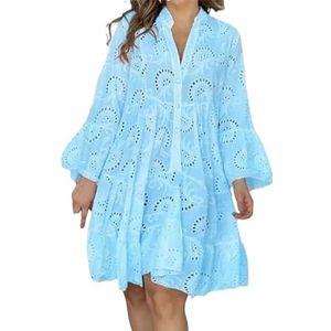 Dvbfufv Dames zomer vintage kanten jurk dames losse elegante jurk dames opstaande kraag lange mouwen A-lijn jurk, Blauw, S
