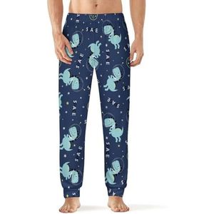 Ruimte dinosaurus patroon heren pyjama broek met zakken nachtkleding print zachte lounge blauw
