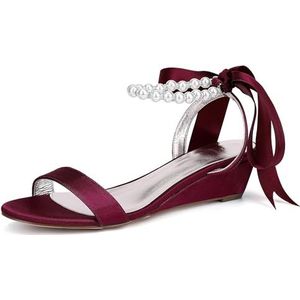 KYEGLO Satijnen Bruidsschoenen Met Ronde Neus En Open Teen Met Parelriempje Om De Enkel - Zomerkleding & Bruidsschoenen,Burgundy,36