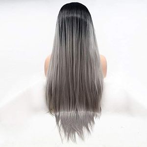 Dkee Pruiken Zwart-grijs Gradient Lang Haar Pruik Dames Handmade Lace Europese en Amerikaanse Pruik Sets In The Wig Haar Sets