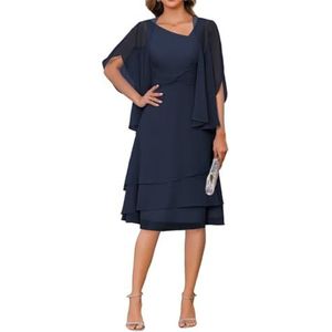 2 Stuks Moeder van de Bruid Jurk voor Bruiloft 3/4 Mouwen Chiffon Avond Prom Jassen met Jas, Donkerblauw, 32