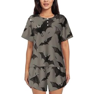 Halloween vleermuizen grijze print dames zomer zachte tweedelige bijpassende outfits korte mouw pyjama lounge pyjama sets, Zwart, 4XL