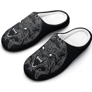 3D Print Viking Wolf Pluche Katoenen Pantoffels voor Unisex, Noorse Mythologie Antislip Warme Huisschoenen voor Slaapkamer Hotel(Color:Black H,Size:44EU-45EU)