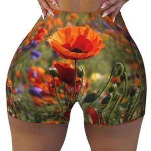 JGHHOUN Poppy Bloemen Print Elastische Vrouwen Workout Korte Shorts Running Yoga Fit Naadloze Hoge Taille Rekbaar, Zwart, XL