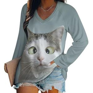 Grappige Cross-eye Kat Vrouwen Casual Lange Mouw T-shirts V-hals Gedrukt Grafische Blouses Tee Tops M