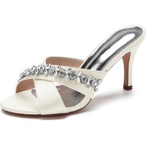 SYDZSW Ivoor trouwschoenen met naaldhak, bruidsschoenen, hoge hakken, satijn, sandaal, riem met strass, 35-42, Ivoor, 35 EU