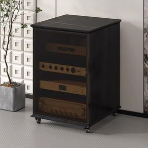 PP-Vic Stereokast, Media-Opslagkast Met Gehard Glazen Deur, Moderne AV-Kast Met Verstelbare Plankhoogte Met Wielen, Moderne Ontvangerconsoleplank, Thuis/Kantoor/Theater,4 layer black