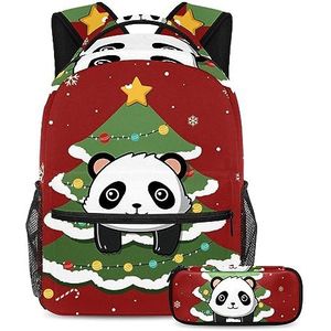 Kerst Panda Rugzak met Etui, 2 Stks Kid Schooltas Set voor Jongens Meisjes Tieners, Reizen Boek Tas voor Studenten, Meerkleurig, B：29.4x20x40cm P：19x7.5x3.8cm, Rugzakken