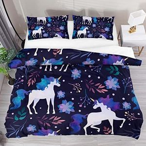 Enkele Dekbedovertrek Set Aquarel Eenhoorn Paard Bloemen Plant Blauw Paars Zachte Tencel Dekbedovertrek Beddengoed Sets voor Kids Jongens Meisjes 3 Stuks met 2 Kussen Shams Rits Sluiting