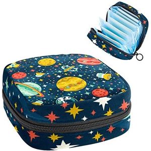 Periode Pouch, draagbare tampon opbergtas voor maandverband, cartoon ruimte raket planeet sterren hemel, Meerkleurig, 4.7x6.6x6.6 in/12x17x17 cm