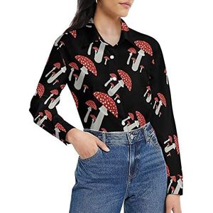 Paddestoelen rode kunst damesshirt lange mouwen button down blouse casual werk shirts tops 3XL