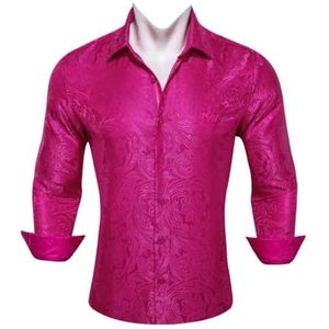 SDFGH Mannen Zijden Lange Mouw Roze Rood Paisley Geborduurde Slim Fit Mannelijke Blouses Casual Tops (Color : D, Size : Medium)