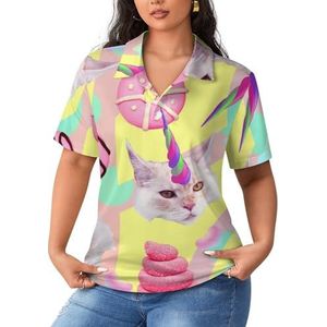 Eenhoorn kat dames sportshirt korte mouw T-shirt golfshirts tops met knopen workout blouses