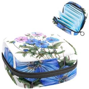 Draagbare maandverband opbergtas, menstruatiecup zakje vrouwelijke menstruatie pads tas voor tienermeisjes, tampons eerste menstruatie kit, blauw roze bloemen en groene bladeren bloemen