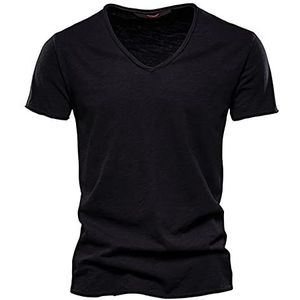 Kwaliteit 100% Katoen Mannen T-Shirt V-hals Slim Fit Soild T-Shirts Mannelijke Tops Tees Korte Mouw - - S