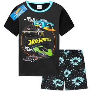 Hot Wheels Pyjamaset voor kinderen, jongens, 2-delig, korte pyjama, zomer, T-shirt en shorts, kinderen, ademend, cadeau-idee voor jongens, Zwart, 6-7 Jaren