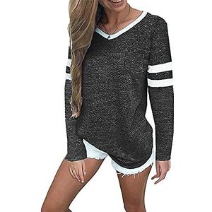 Dames T-shirts met lange mouwen dames pullover baseball tops V-hals gestreepte pullover dames T-shirts lange mouwen tops dames pullover kleurblok casual blouse sweatshirt T-shirt gestreept top, F-grijs, L