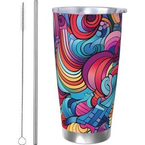 HJBNW 20oz Tumbler RVS Tumblers met Deksel en Stro Dubbelwandige Vacuüm Geïsoleerde Reizen Koffie Mok Kleur Abstract Patroon Tekening Koffie Tumbler Cups Herbruikbare Reismok Thermische Cup