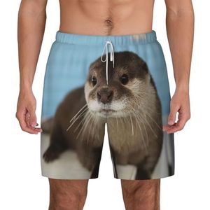 Leuke Otter Print Heren Zwembroek Sneldrogende Board Shorts Mesh Voering, Ademend Strand Surf Shorts, Wit, L