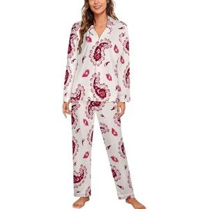 Artistieke Rode Paisley Lange Mouw Pyjama Sets Voor Vrouwen Klassieke Nachtkleding Nachtkleding Zachte Pjs Lounge Sets