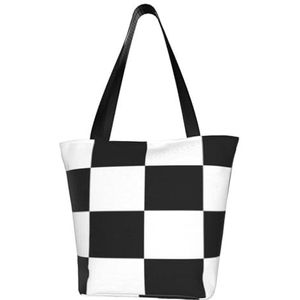 BeNtli Schoudertas, canvas draagtas grote tas vrouwen casual handtas herbruikbare boodschappentassen, zwart-wit geruite print, zoals afgebeeld, Eén maat