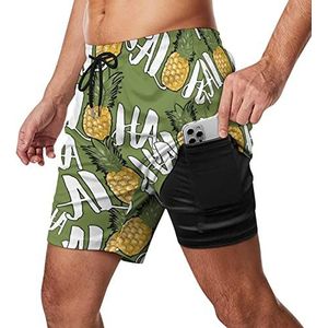 Hawaii Pineapple Aloha Zwembroek voor heren, sneldrogend, 2-in-1 strandsportshorts met compressieliner en zak