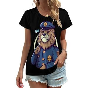 Politie Leeuw Roken Vrouwen V-hals T-shirts Leuke Grafische Korte Mouw Casual Tee Tops 4XL