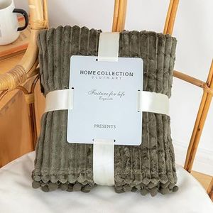 Effen gestreepte flanellen deken, gezellige deken voor bank, bed, thuis, alle seizoenen, zachte en warme pluche deken (180 x 200 cm), legergroen