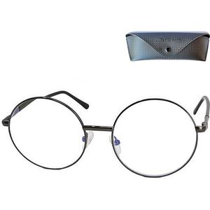 Mini Brille® Hippie Runde Lesebrille mit Große Gläser, GRATIS Etui, Anti Blaulicht Brille Stil 60er Jahre aus Metall (Graphit), Lesehilfe Damen und Herren +2.0 Dioptrien