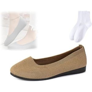 Comfortabele ademende slip-on boogondersteuning voor dames, antislip, vrijetijdsschoenen, mesh ronde neus platte schoenen voor vrouwen, platte schoenen voor feestwerk, Kaki, 36 EU