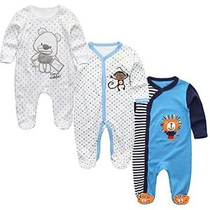 MAMIMAKA Baby Rompertjes Pyjama Katoen Jumpsuit Jongens Meisjes Sleepsuit Lange Mouwen Footed Bodysuits Uit één Stuk Outfits, Drie Stuks-10, 0-3 maanden