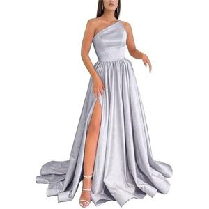 HPPEE Satijnen baljurken met één schouder en split zonder mouwen, lange baljurk korset, formele feestjurk, Zilver, 32