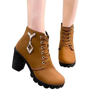 QWLEYCHN Women's Bootie Chelsea Pump Lace Up Chunky Block High Heels Boots Closed Toe Stacked Heel Lug Sole Non Slip Dressy Winter Short Combat Boots Women's Bootie Chelsea (Color : Brown, Size : 6.