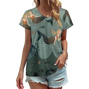 Zeemeermin prinses dames V-hals T-shirts leuke grafische korte mouw casual T-shirt tops L