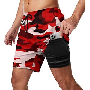 Rode Camouflage Zwembroek voor heren, sneldrogend, 2-in-1 strandsportshorts met compressieliner en zak