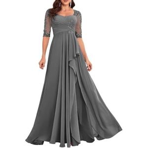 Dames chiffon moeder van de bruid jurk voor bruiloft met split galajurken cocktailjurk plus size, Grijs, 32