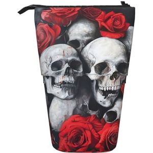 Evengigy Schedel en rode roos print schattig etui met ritssluiting verstelbare standaard potloodhouder grappige make-up tas, Zwart, Eén maat, Tas Organizer