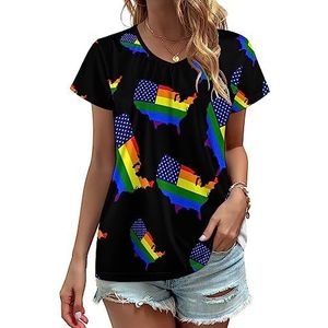 US Gay Pirde Regenboog Kaart Vlag Vrouwen V-hals T-shirts Leuke Grafische Korte Mouw Casual Tee Tops S