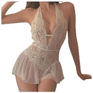 Lingerie, effenkleurige, ademende body met kant for dames, doorschijnende mesh body's(White,XXL)