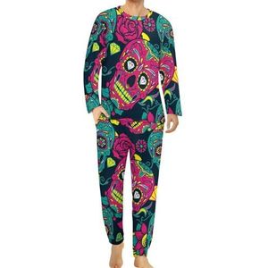 Mexicaanse suiker schedel bloemen comfortabele heren pyjama set ronde hals lange mouwen loungewear met zakken 4XL