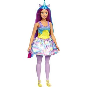 Barbie Dreamtopia Eenhoornpop (met rondingen, blauw en paars haar), met rok, verwijderbare eenhoornstaart en hoofdband, speelgoed voor kinderen van 3 jaar en ouder, HGR20