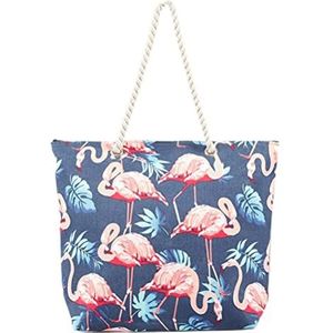 Strandtas Flamingo, grote strandtas met ritssluiting en touwgreep, 37 x 36 x 8 cm, waterdicht, canvas schoudertas, draagtas, blauw, 37x36x8cm