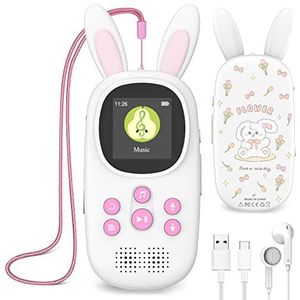 Cute Bunny Kids Muziek en MP3-speler met Bluetooth, MP4-speler met luidspreker, FM-radio, alarm, stappenteller en stopwatch, ondersteunt tot 128 GB