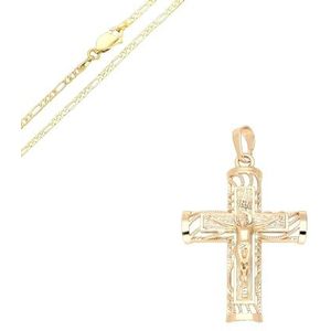 2014.Jewelyr.Luxe Figaro-ketting 60 cm en hanger groot kruis Christus voor heren, verguld 750/1000 geelgoud 3 micron, 60 cm, Verguld geelgoud 750/1000, 3 micron, Geen edelsteen