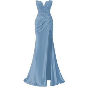 KIYNE Zeemeermin satijnen baljurk voor dames, met kant, appliqué, zijsplit, korset, baljurk voor dames, lange formele jurk, Dusty Blauw, 32