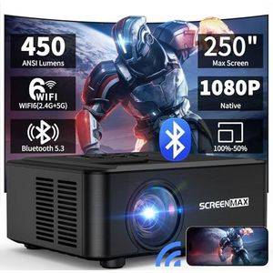 Beamer,SCREENMAX Projector WiFi 6 Bluetooth 5.3, HD 1080P Projector met 50% Zoom 250”, Mobiele compatibel met HDMI/AV/Laptop/smartphone