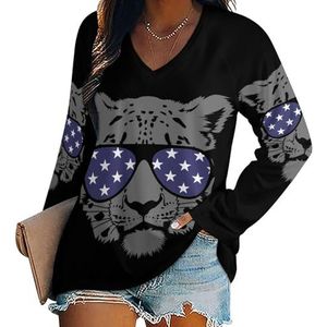 Cool Black Leopard Dames V-hals Shirt Lange Mouw Tops Casual Losse Fit Blouses