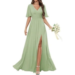 HPPEE Damesjurk met korte mouwen en V-hals, chiffon, bruidsmeisjesjurk met split en plooien, lange formele avondjurk, Sage Groen, 32