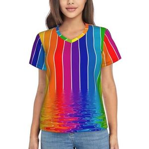 NilaHoroan Regenboog gestreepte print dames zomer tops casual V-hals T-shirt, korte mouw, losse pasvorm geklede trui, Zwart, XL