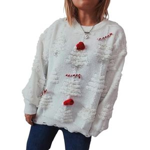 GKEIOSHQIL Dames kersttrui met ronde hals, lange mouwen, pareldecoratie, zachte pullover, feestdagen top,Wit,L
